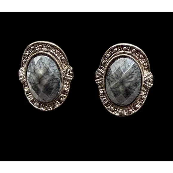 Vintage 80s Silver Blue Purple Faux Cabochon Tone Clip-On Earrings Lot 4 Pairs - Picture 8 of 13